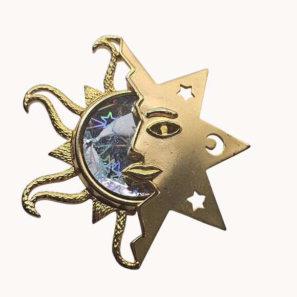Gold-Toned Unique Sun/Moon Shiny Figural Statement Fashion Jewelry Brooch - Picture 4 of 9